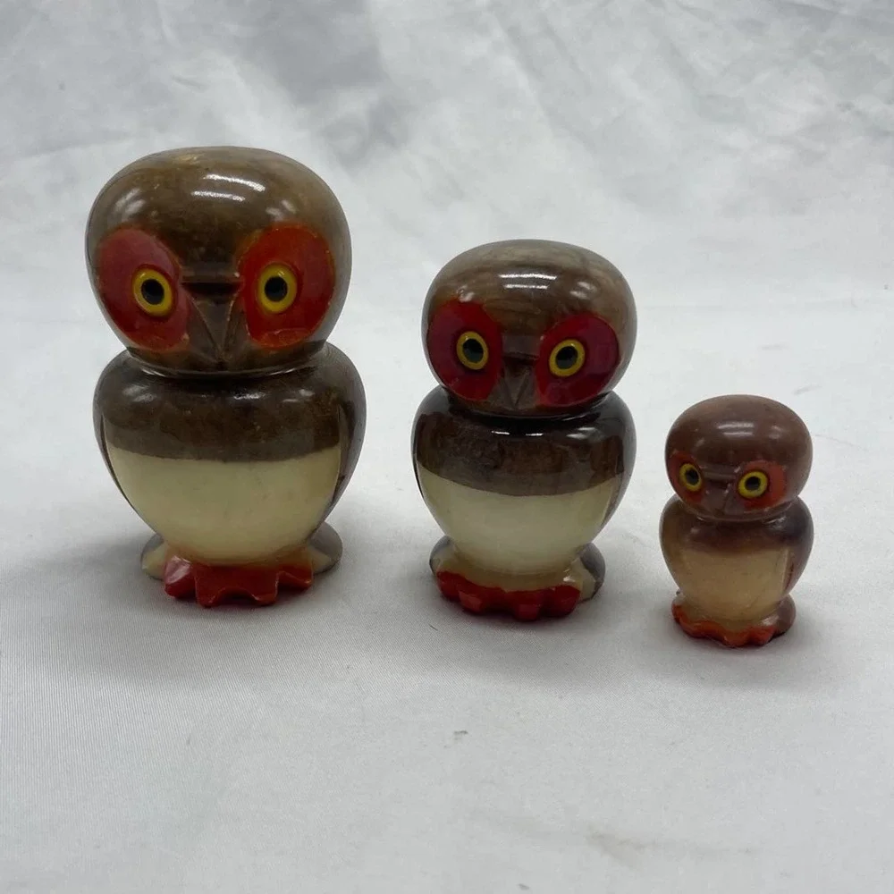 VTG hand carved alabaster owl family